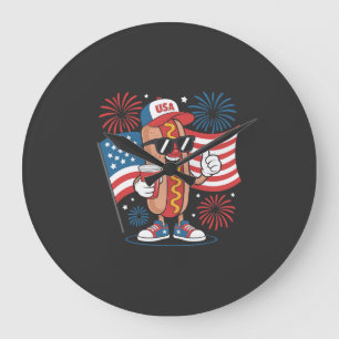 Grande Horloge Ronde Drapeau américain hot-dog 4 juillet Feu d'artifice