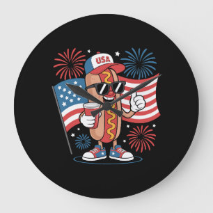 Grande Horloge Ronde Drapeau américain hotdog du 4 juillet Feu d'artifi
