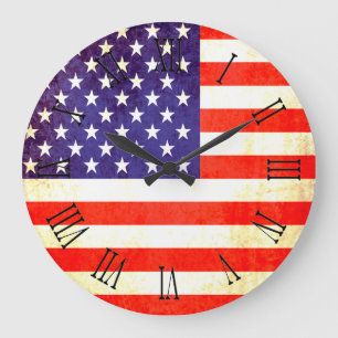 Grande Horloge Ronde Drapeau américain patriotique chiffres romains hor