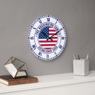 Grande Horloge Ronde Drapeau américain patriotique Nom de famille Date 