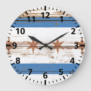 Grande Horloge Ronde Drapeau de Chicago en bois ancien