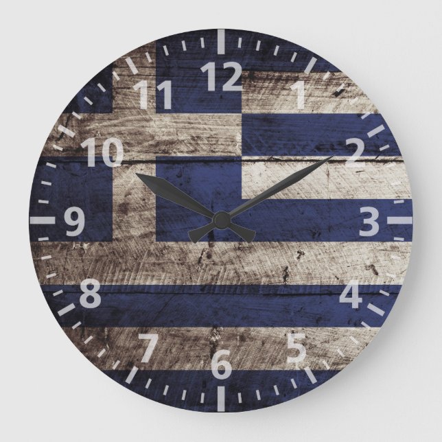 Grande Horloge Ronde Drapeau de la Grèce sur le vieux grain de bois (Recto)