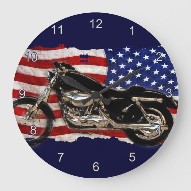 Grande Horloge Ronde Drapeau des USA, moto, motocyclette, porc (Recto)