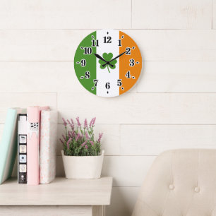 Grande Horloge Ronde Drapeau irlandais de la Saint Patrick avec Shamroc