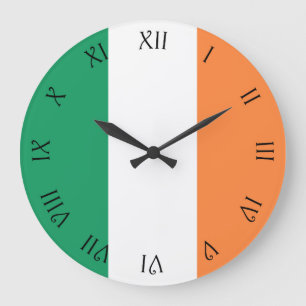 Grande Horloge Ronde Drapeau irlandais Script noir Numéros romains wcc
