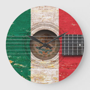 Grande Horloge Ronde Drapeau mexicain sur la vieille guitare acoustique