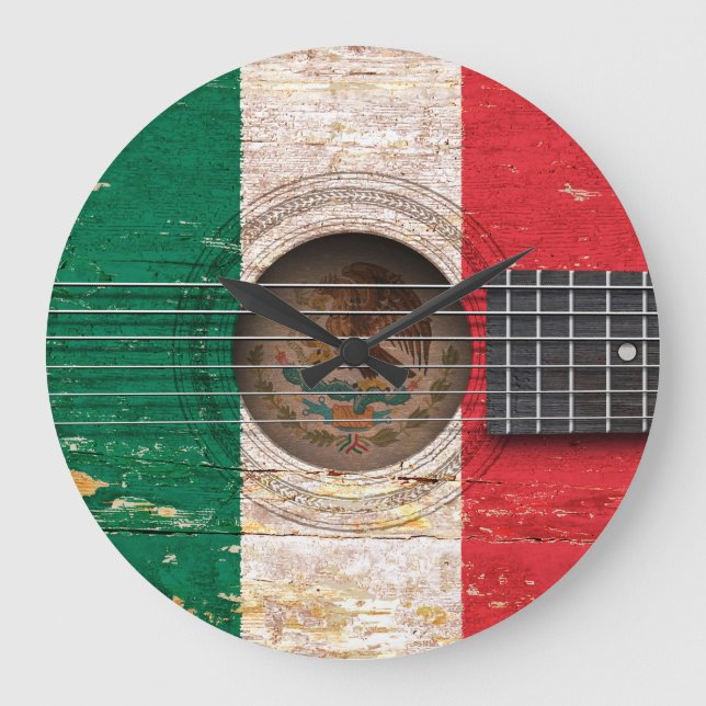 Grande Horloge Ronde Drapeau mexicain sur la vieille guitare acoustique (Recto)