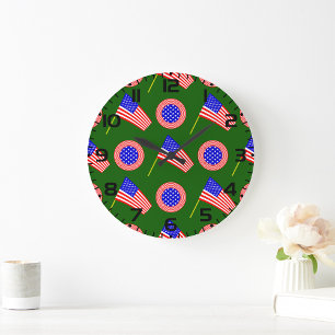 Grande Horloge Ronde Drapeau patriotique américain Motif sur vert