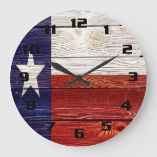 Grande Horloge Ronde Drapeau texan sur texture de bois rustique