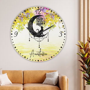 Grande Horloge Ronde Dreamcatcher avec chat Suivez vos rêves