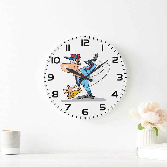 Grande Horloge Ronde Drôle Caricature de baseball lanceur d'une balle r (Créateur téléchargé)
