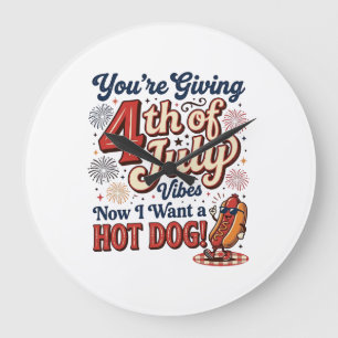 Grande Horloge Ronde Drôle de 4 juillet Hot Dog Vintage Conception de T