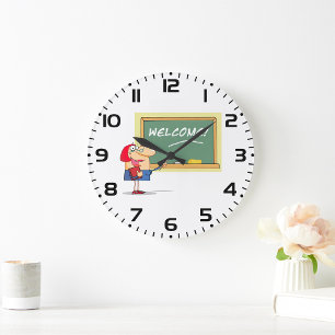 Grande Horloge Ronde Drôle enseignant de dessin animé Bienvenue à l'éco