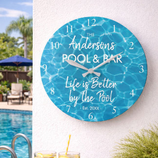 Grande Horloge Ronde Eau de Piscine Bleue Personnalisée Bienvenue dans