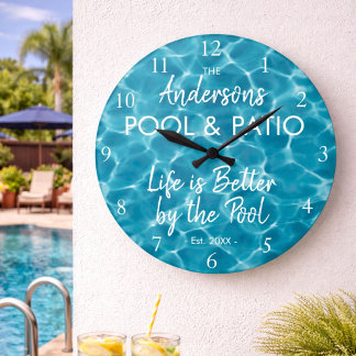 Grande Horloge Ronde Eau de Piscine Bleue Personnalisée Bienvenue dans 