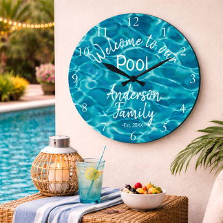 Grande Horloge Ronde Eau de piscine bleue personnalisée Bienvenue dans