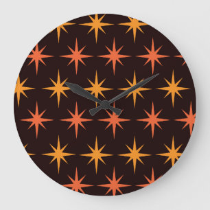 Grande Horloge Ronde Éclat d'étoile orange et ambre Mid Century Modern 