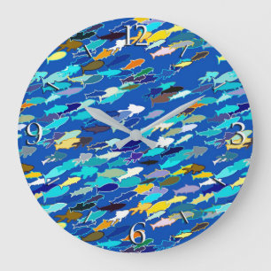 Grande Horloge Ronde École de poisson, bleu foncé, blanc, turquoise