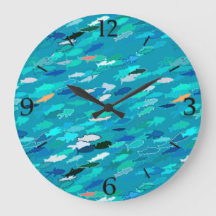 Grande Horloge Ronde École de Poissons, Turquoise, Bleu et Aqua
