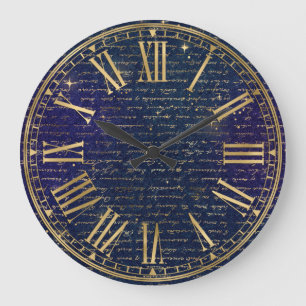 Grande Horloge Ronde Écriture vintage bleu foncé et étincelles dorées