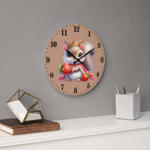 Grande Horloge Ronde Écureuil amateur de fraises mignon 