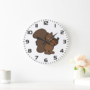 Grande Horloge Ronde Écureuil avec Gland Animal Mignon de la Forêt