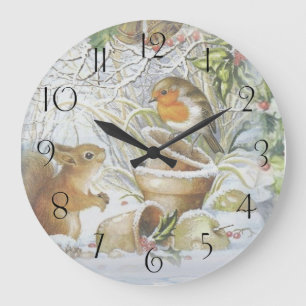 Grande Horloge Ronde Écureuil d'oiseaux rouge Robin Noël d'hiver
