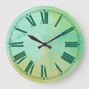 Grande Horloge Ronde Effet d'aquarelle de turquoise et d'or