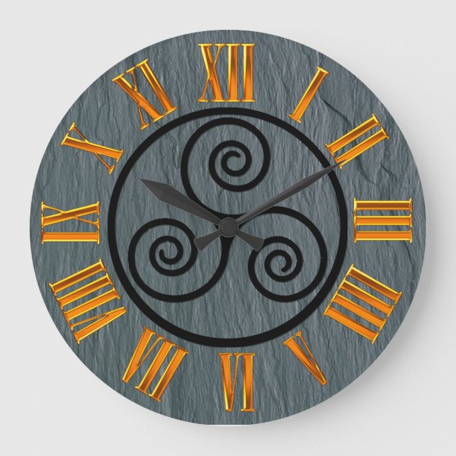 Grande Horloge Ronde Effet d'ardoise galloise, Celtique, Or Faux, Figes (Recto)