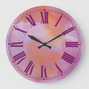 Grande Horloge Ronde Effet pourpre et orange d'aquarelle