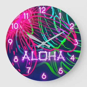 Grande Horloge Ronde Electric Luau Nuit Tropicale Néon Aloha Paradis