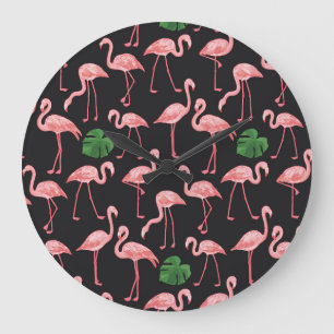 Grande Horloge Ronde Élégance Flamant rose : Fusion Monstera Vintage.