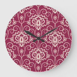 Grande Horloge Ronde Élégance florale : Motif de dentelle rouge