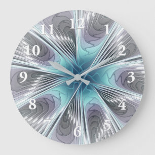 Grande Horloge Ronde Élégance Moderne Art Fractal Fleur Bleu Gris Blanc
