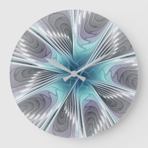 Grande Horloge Ronde Elégance Moderne Bleu Gris Blanc Fractage Art Flow