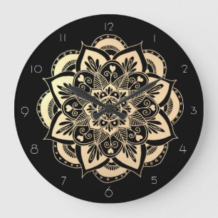 Grande Horloge Ronde Elegant Black and Gold Mandala Flower