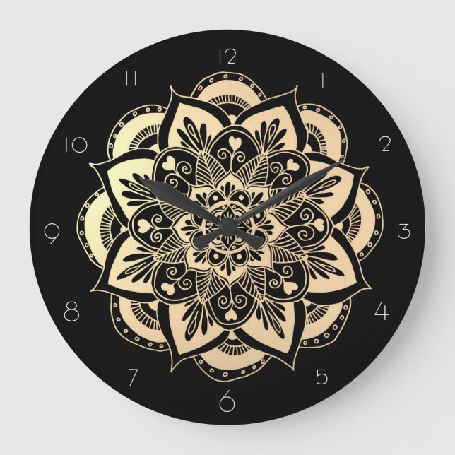 Grande Horloge Ronde Elegant Black and Gold Mandala Flower (Recto)