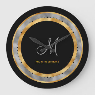 Grande Horloge Ronde Elegant Black Gold Silver Foil Custom