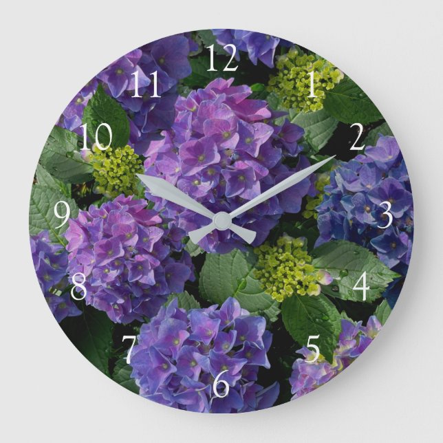 Grande Horloge Ronde Elégant bleu violet magenta vert hydrangée florale (Recto)