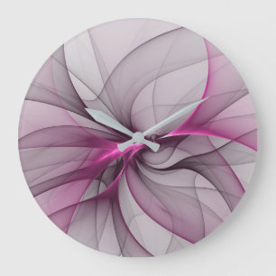 Grande Horloge Ronde Élégant Chaos Moderne Art Fractal Abstrait Rose