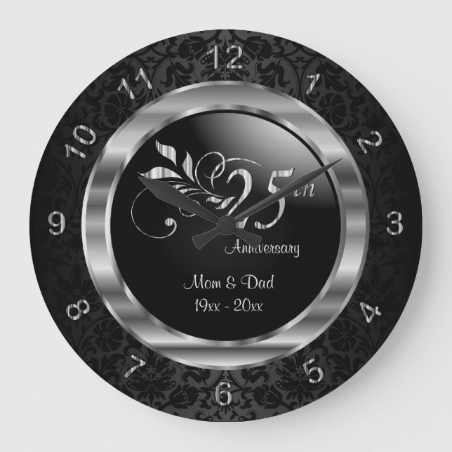 Grande Horloge Ronde Elégant Damas Noir - 25ème anniversaire d'argent (Recto)