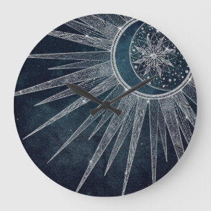 Grande Horloge Ronde Élégant Doodle Mandala Blue Moon Silver