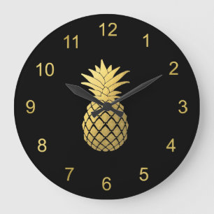 Grande Horloge Ronde Elegant Faux Gold Pineapple on Black