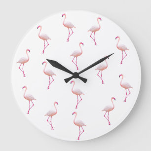 Grande Horloge Ronde Élégant Flamant rose blanc rose   Monogramme perso