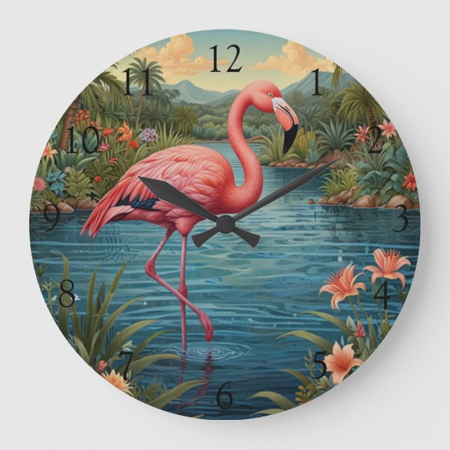 Grande Horloge Ronde Élégant flamant rose rétro boho (Recto)