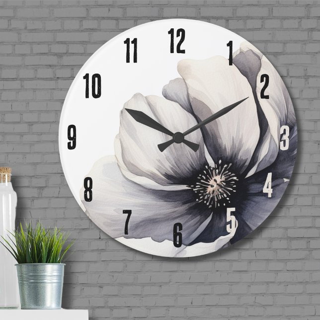 Grande Horloge Ronde Élégant floral noir blanc moderne (Flower Modern Minimalist Boho Black White Floral Large Clock)