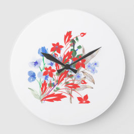 Grande Horloge Ronde Elegant Flower and Leaves Artwork | Minimal 