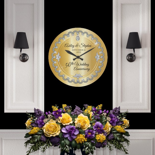 Grande Horloge Ronde Elegant Gold Diamonds 50th Wedding Anniversary (Elegant Gold Diamonds 50th Wedding Anniversary Large Clock)