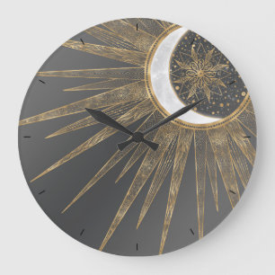 Grande Horloge Ronde Elegant Gold Doodles Sun Moon Mandala Design