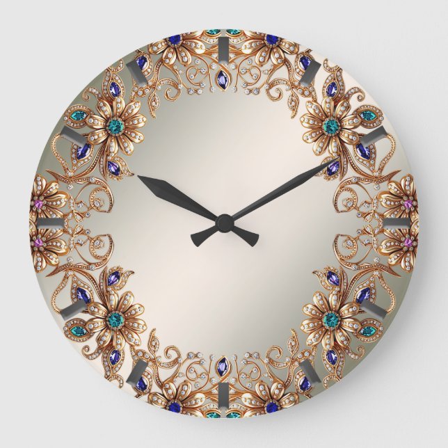 Grande Horloge Ronde Elegant Gold Jewel Flowers Wall Clock (Recto)